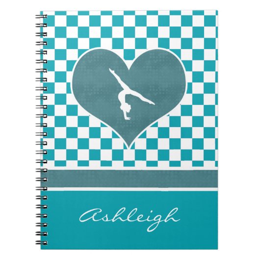 モノグラムとのティール（緑がかった色）の緑のチェック模様の体操 ノートブック (正面)