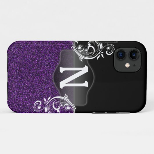 モノグラムとの紫色のグリッターそして黒いデザイン Case-Mate iPhoneケース (裏面(横))