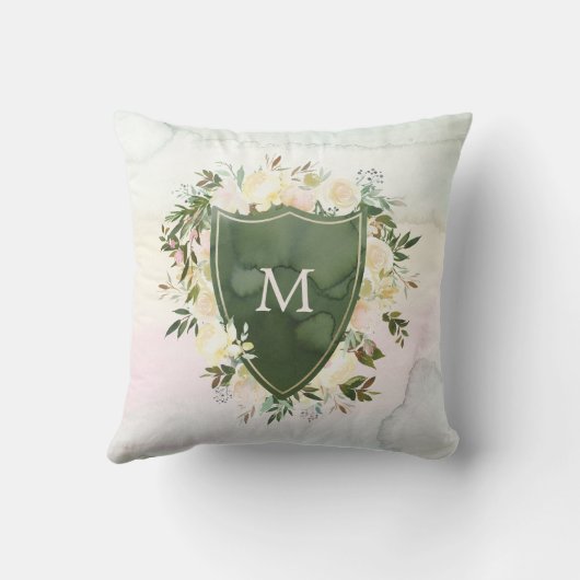 モノグラムとの花の水彩画の頂上|の緑 クッション (裏面)