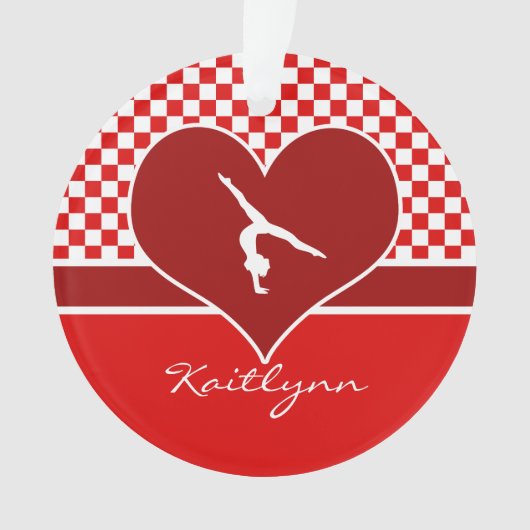 モノグラムとの豊富な赤のチェック模様の体操 オーナメント (正面)