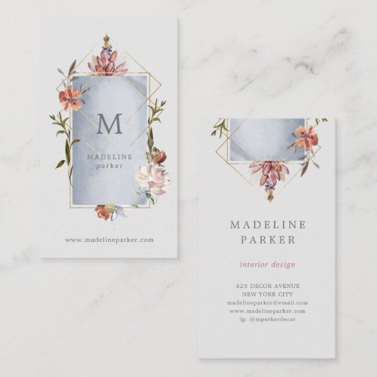 モノグラムとの豪華で幾何学的な花柄 名刺 (正面/裏面)