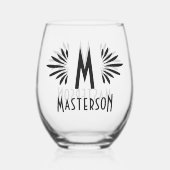 モノグラムとネームカスタムアールデコブラックフローリッシュ ステムなしワイングラス (正面)