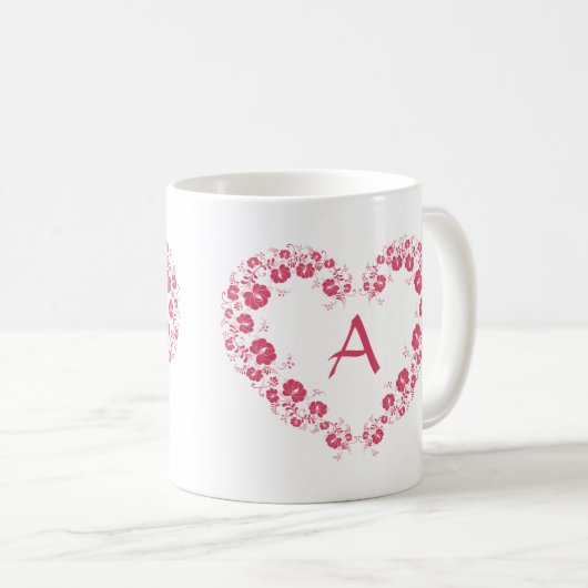 モノグラムとピンクのハート記号とマグカップ コーヒーマグカップ (正面右)