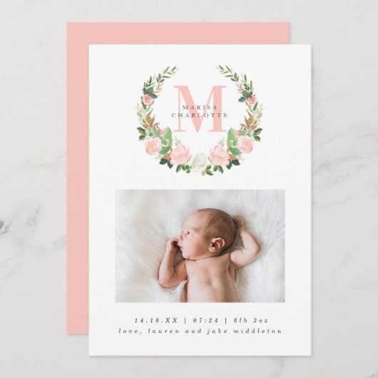 モノグラムとピンクのバラのリースの写真 出生のお知らせ 案内状 (正面/裏面)