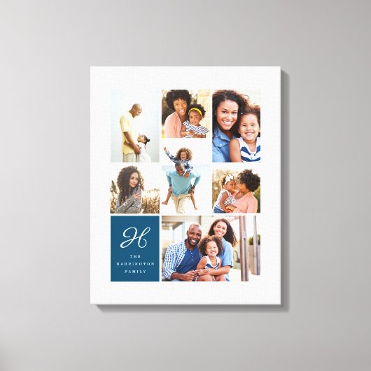 モノグラムとファミリーの複数のフォトコラージンググリッド キャンバスプリント (正面)