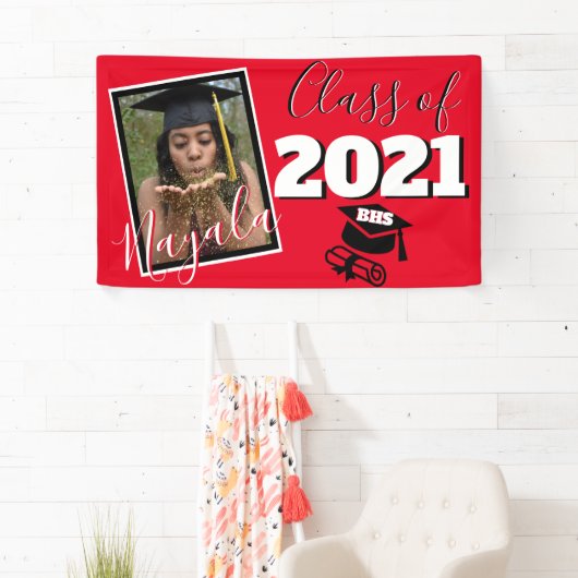 モノグラムとフォト卒業カスタムカラーレッド 横断幕 (インサイチュ)