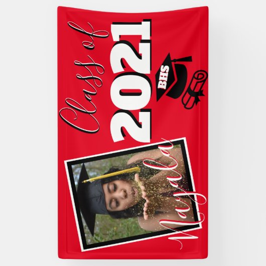 モノグラムとフォト卒業カスタムカラーレッド 横断幕 (縦)