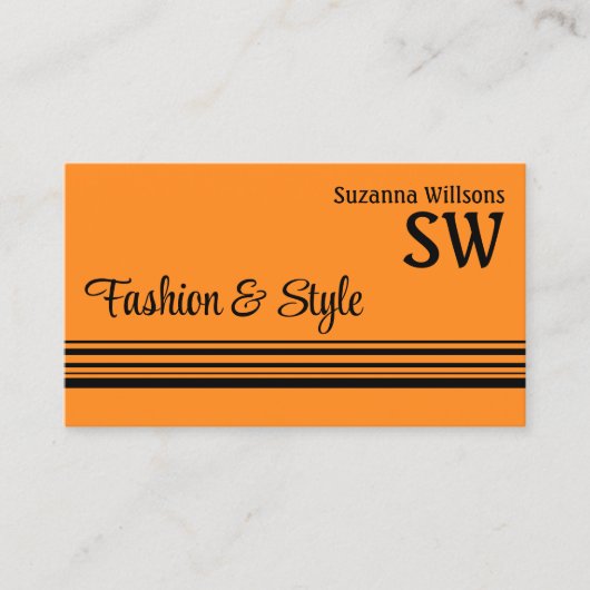 モノグラムと写真ストライプ付きプレーンオレンジ色の黒い 名刺 (正面)