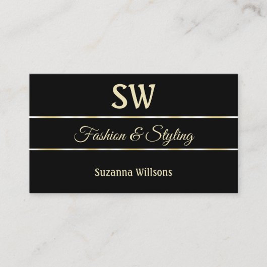 モノグラムと写真ストライプ付きプレーンブラックゴールデンの 名刺 (正面)