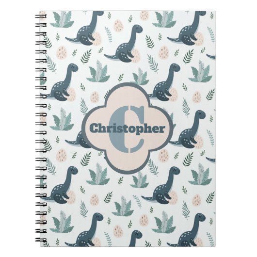モノグラムと名前のかわいい青い緑の恐竜 ノートブック (正面)