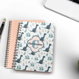 モノグラムと名前のかわいい青い緑の恐竜 ノートブック