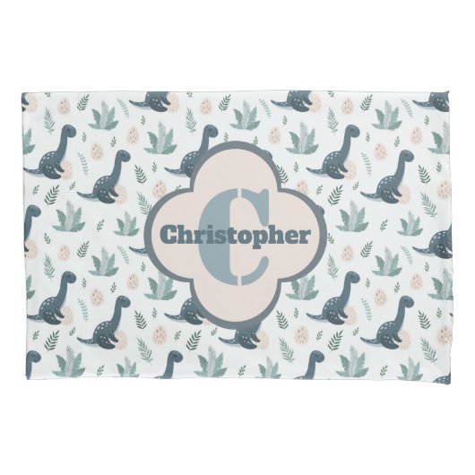 モノグラムと名前のかわいい青い緑の恐竜 枕カバー (正面)