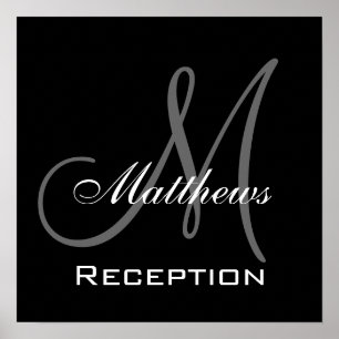 モノグラムと名前の結婚式の受付のサイン ポスター