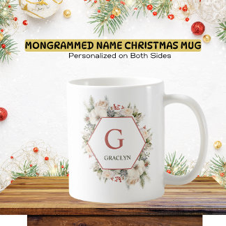 モノグラムと名前クリスマスグリーン コーヒーマグカップ
