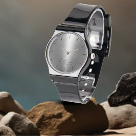 モノグラムと名前シルバーメタリックメンズブラックバンド 腕時計