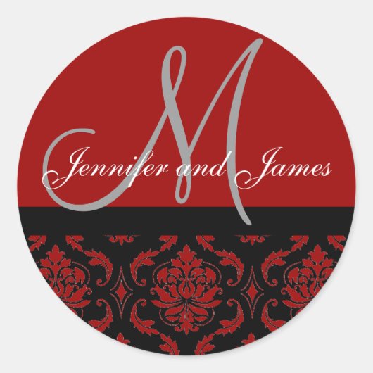モノグラムと名前ダマスクBurgundy Red結婚's seal ラウンドシール (正面)