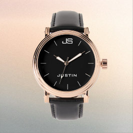 モノグラムと名前バラ金ゴールドメンズブラックバンド手首 腕時計