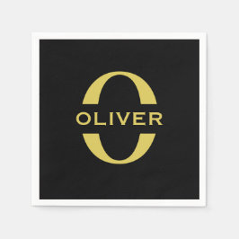 モノグラムと名前ブラックと金ゴールド パーソナライズされた スタンダードカクテルナプキン