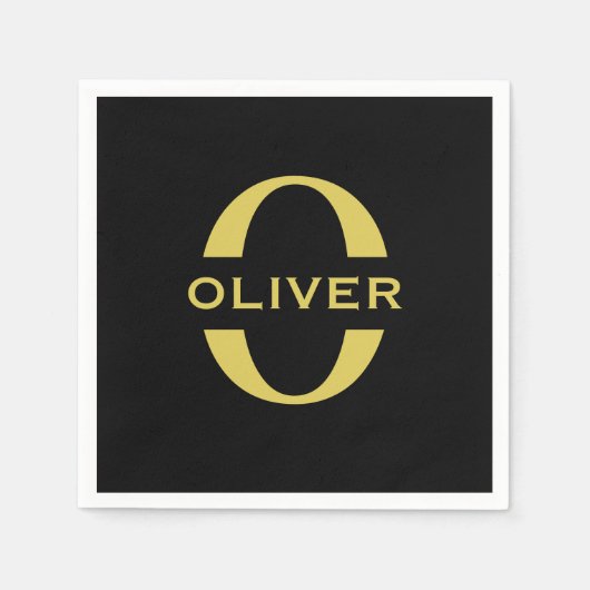モノグラムと名前ブラックと金ゴールド パーソナライズされた スタンダードカクテルナプキン (正面)