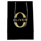 モノグラムと名前ブラックと金ゴールド パーソナライズされた ミディアムペーパーバッグ (裏面)