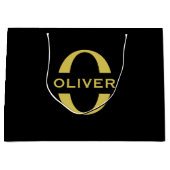 モノグラムと名前ブラックと金ゴールド パーソナライズされた ラージペーパーバッグ (正面)