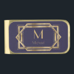 モノグラムと名前ブルーと金ゴールド幾何学的アールデコ ゴールド マネークリップ<br><div class="desc">シックなエレガントブルーと金ゴールドアートのデコ幾何学模様とモノグラム。これは、テンプレートでパーソナライズする準備ができているイニシャル。1920インスパイア年のギャツビーアールデコスタイルで。</div>
