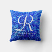 モノグラムと名前ブルー抽象芸術フローラスクエア クッション (裏面)