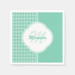 モノグラムと名前千鳥格子の付きシックなミントグリーン スタンダードカクテルナプキン