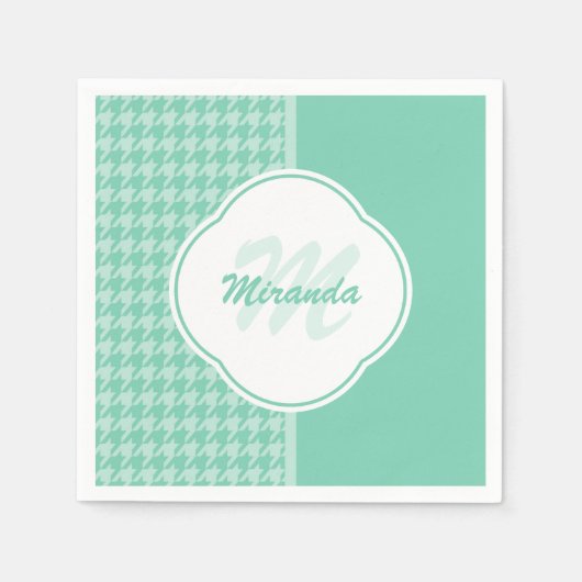モノグラムと名前千鳥格子の付きシックなミントグリーン スタンダードカクテルナプキン (正面)