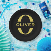 モノグラムと名前 ブラック＆ゴールド オーダーメイド ペーパープレート (パーティー)