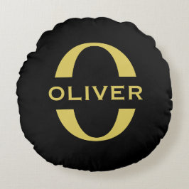 モノグラムと名前 ブラック ゴールド パーソナライズされた ラウンドクッション
