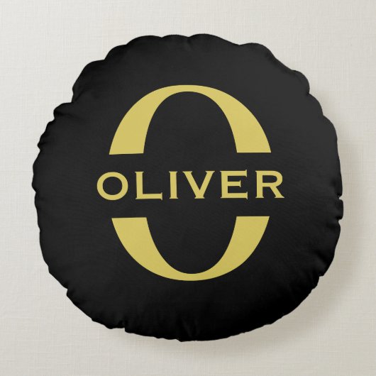 モノグラムと名前 ブラック ゴールド パーソナライズされた ラウンドクッション (正面)