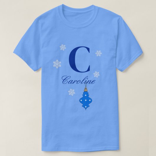 モノグラムと名前(青いオーナメント) Tシャツ (デザイン正面)