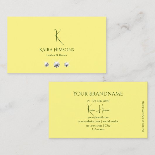 モノグラムと宝石が付いたシックで淡い黄色 名刺 (正面/裏面)