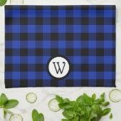 モノグラムと明るい青と黒のバッファローのプレイド キッチンタオル (折り畳み)