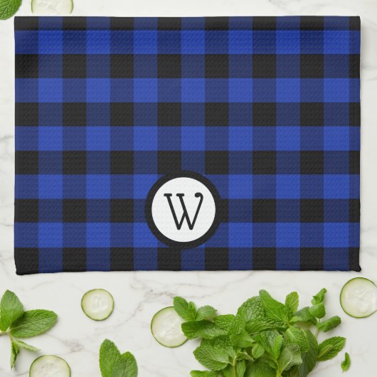 モノグラムと明るい青と黒のバッファローのプレイド キッチンタオル (折り畳み)
