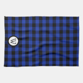モノグラムと明るい青と黒のバッファローのプレイド キッチンタオル (横)