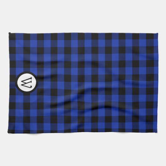 モノグラムと明るい青と黒のバッファローのプレイド キッチンタオル (横)