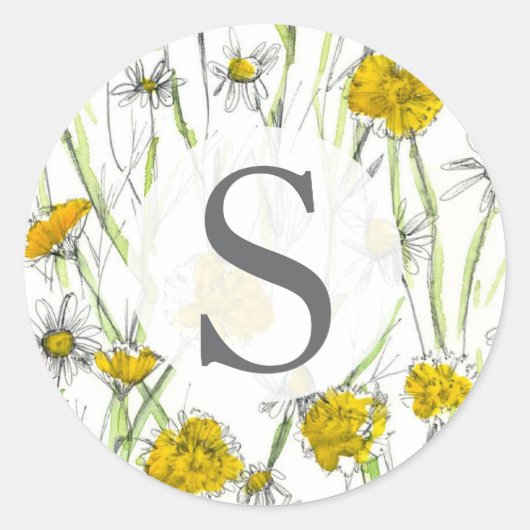 モノグラムと野の花の黄色い水彩絵の具 ラウンドシール (正面)
