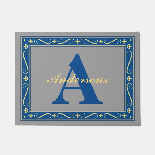 モノグラムによってカスタマイズ（紋章の）フラ・ダ・リのボーダー灰色 ドアマット (正面)