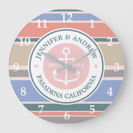 モノグラムのいかりのトレンディーのストライプのピンクの航海のなビーチ ラージ壁時計 (正面)