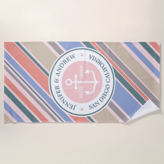 モノグラムのいかりのトレンディーのストライプの挨りだらけのピンクの航海の ビーチタオル (正面)