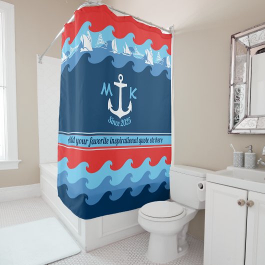 モノグラムのいかりは航海のなボートの赤白青を振ります シャワーカーテン (インサイチュ)