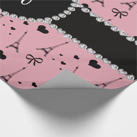 モノグラムのかわいらしいピンクのエッフェル塔パターン ラッピングペーパー (角)