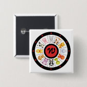 モノグラムのでかわいく中国のな(占星術の)十二宮図の円 缶バッジ (正面&裏面)