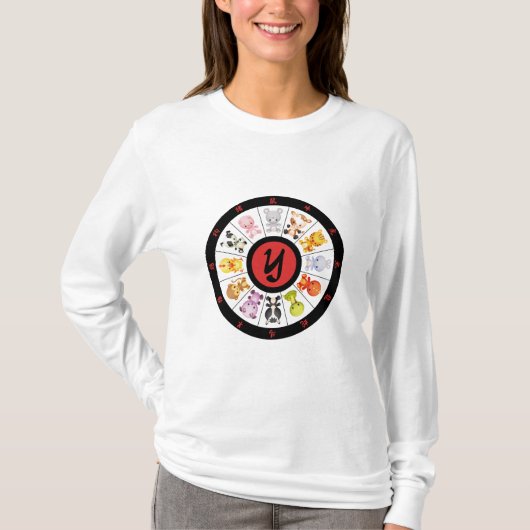 モノグラムのでかわいく中国のな(占星術の)十二宮図の円 Tシャツ (正面)