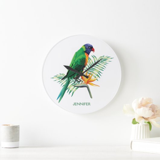 モノグラムのでカラフルなオウムおよび花 ラージ壁時計 (ホーム)