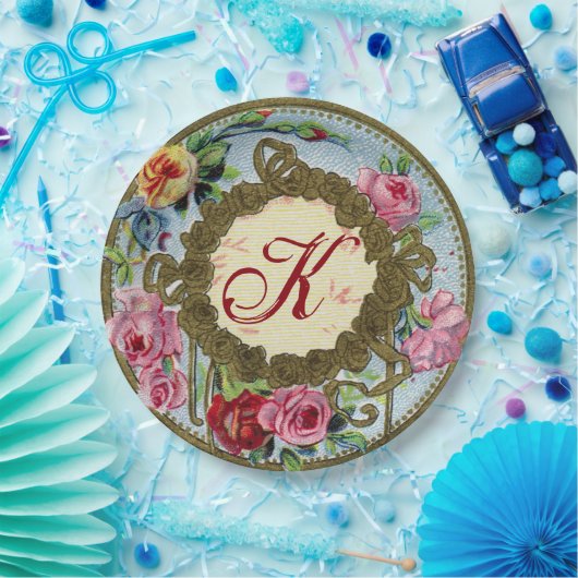 モノグラムので旧式なフランス人のばら色のピクニック紙皿 ペーパープレート (パーティー)