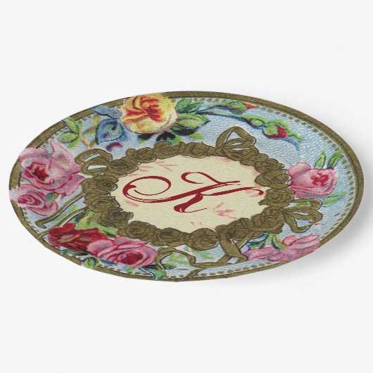 モノグラムので旧式なフランス人のばら色のピクニック紙皿 ペーパープレート (アングル)