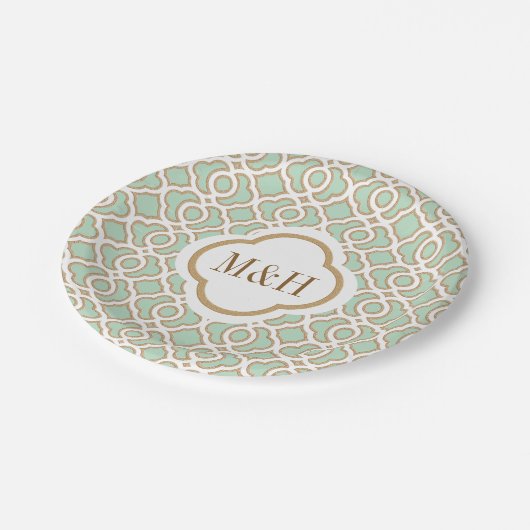 モノグラムので真新しい緑および金ゴールドのモロッコの結婚式 ペーパープレート (アングル)